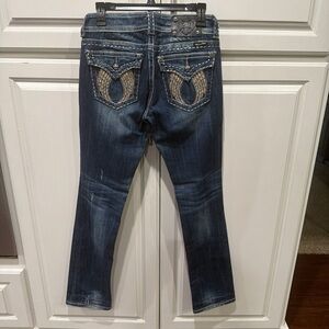 Miss Me Dark Blue Straight Leg Jeans with Woven Pocket Detail 27